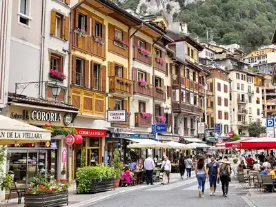 Street scene with shops and cafes in Andorra la Vella.