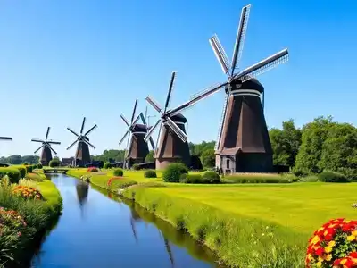 Scenic view of Kinderdijk windmills and lush greenery.