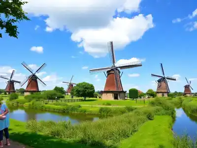 Scenic view of Kinderdijk with windmills and greenery.