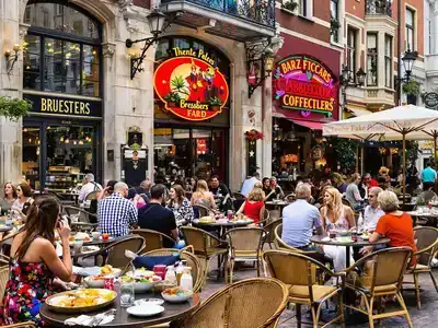 Colorful dining scene in Brussels with happy diners.