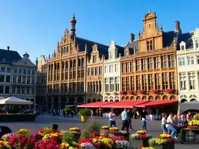 Brussels architecture with flowers and outdoor cafes.