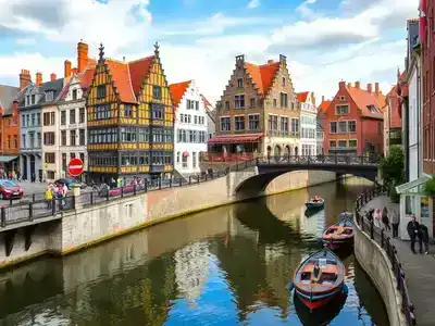 Historic buildings and canal in Ghent, Belgium.