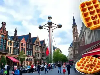  Collage of Belgium's landmarks, cafes, and local cuisine.