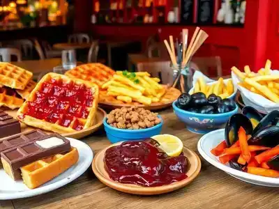 Delicious Belgian cuisine featuring waffles, chocolate, and moules-frites.