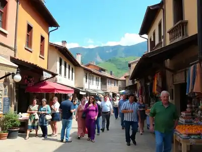 Historic streets of Bosnia with lively cafes and architecture.