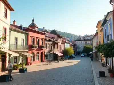 Colorful buildings and cobblestone streets in Plovdiv Old Town.