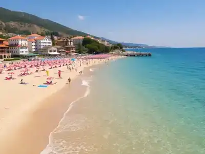 Vibrant beach scene in Bulgaria with colorful umbrellas