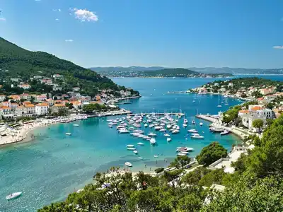 Beautiful landscape of Hvar Island with clear waters and hills.