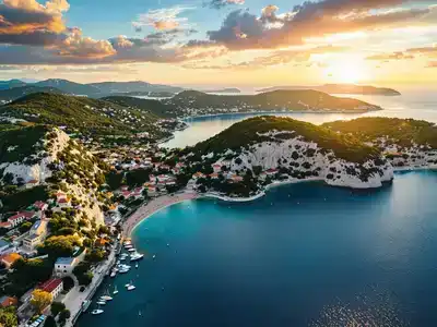 Aerial view of Hvar Island with lush landscapes and sea.