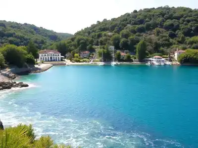 Scenic view of Mljet’s coastline and cozy accommodation.