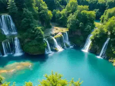 Cascading waterfalls and vibrant greenery at Plitvice Lakes.