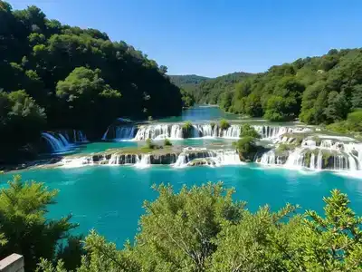 Cascading waterfalls and greenery in Krka National Park.