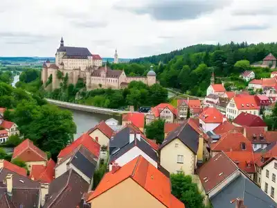 Medieval Český Krumlov with castle and Vltava River.