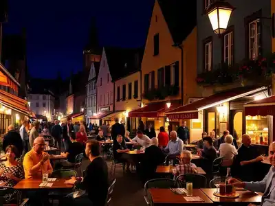 Nightlife in Český Krumlov with people enjoying the scene.