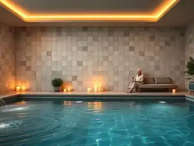 Spa relaxation scene with candles and water features.