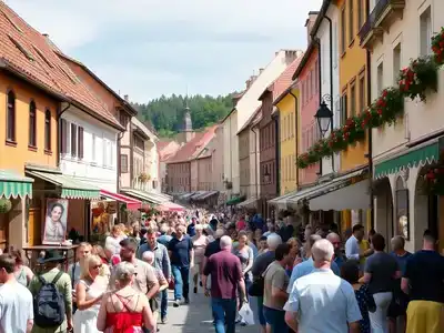 Lively festival scene in Český Krumlov with colorful decorations.