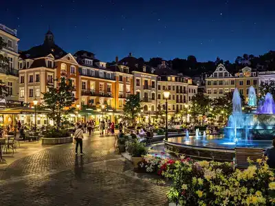 Nightlife scene in Karlovy Vary with couples and families