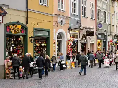 Colorful shops and busy streets in Prague.