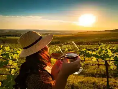  Lady holding two glasses of wine overlooking the Morovian wine region.