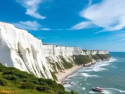 White chalk cliffs of Stevns Klint by the sea.