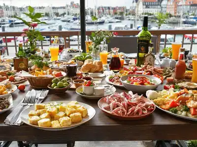 Colorful Danish dishes on a rustic wooden table.