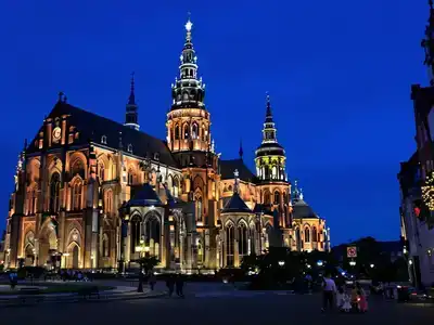 Saint Canute’s Cathedral illuminated at night.