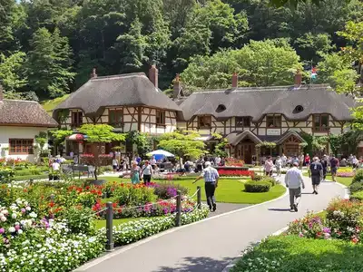 Charming cottages and gardens in Funen Village.