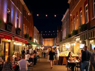 Lively bars and restaurants in Randers at night.