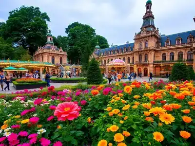 Colorful flowers and lights in Tivoli Gardens, Copenhagen.