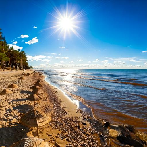 Piriti Beach with rows of strtaw umbrellas backed by a eow of trees