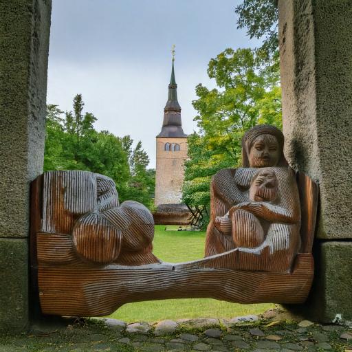 Old wooden statue of a woman sitting in a stone archway holding a child