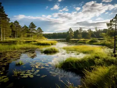 Pond surrounded by lush green trees.