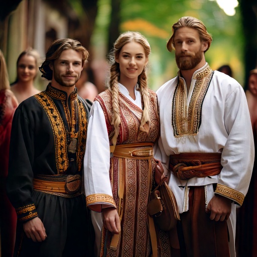 Men and a woman standing in colourful traditional robes