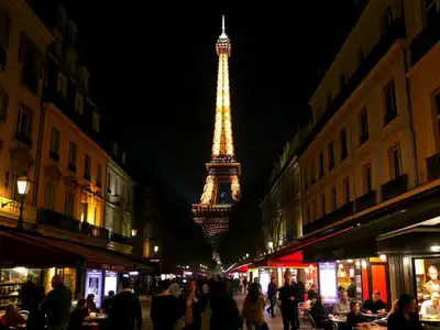 Paris nightlife with glowing streets and lively cafes.