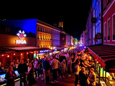 Nightlife in Riga with lively bars and illuminated streets.