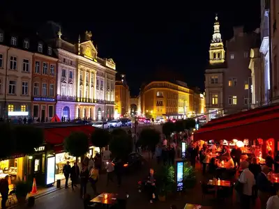 Colorful city nightlife with lively streets and illuminated building