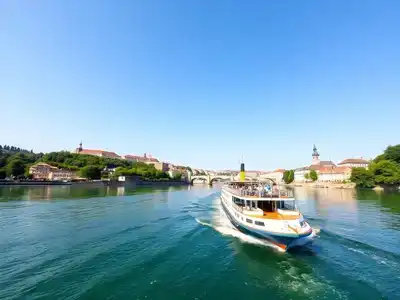 European river cruise boat on a scenic waterway.