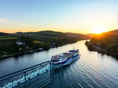 Scenic river cruise with lush landscapes at sunset.