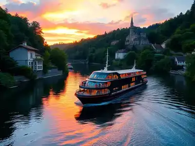 Luxurious river cruise boat on scenic European waterways.