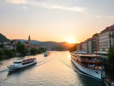 Scenic river cruise with boats and lush landscapes.