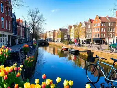 Colorful tulips and canals in Amsterdam during spring.