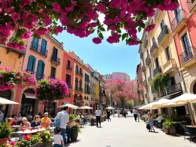 Barcelona street with blooming flowers and sunny skies.