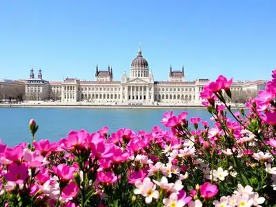 Budapest’s Parliament building with spring flowers in bloom.