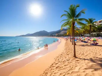 Beach scene in Marbella with sunbathers and palm trees.