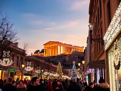 Festively lit Acropolis in Athens during December twilight.