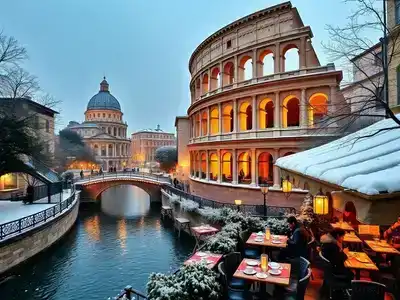 Winter scene in Italy with snow and warm cafes.