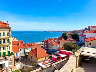 Colorful buildings and coastline of Portugal in February.