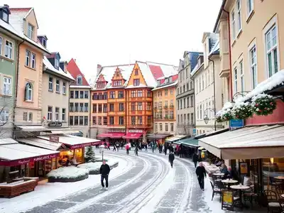 Snowy European city with charming architecture in February