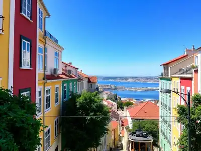 Colorful Lisbon streets with tram and river view.