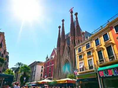 Barcelona’s Sagrada Familia with lively street scenes in June.